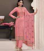 designer pink moonga silk straight suit for women