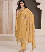 yellow moonga silk straight suit for women