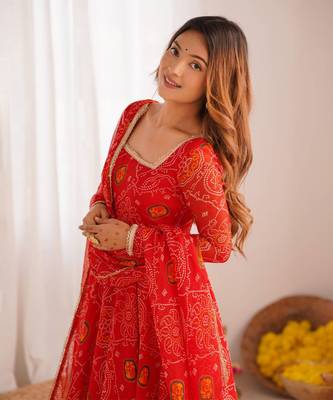 Red chiffon anarkali with bottom & dupatta 1