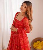 Red chiffon anarkali with bottom & dupatta