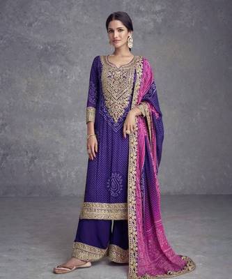 Royal Violet Chiffon Embroidered Kurta Set with Graceful Elegance 1