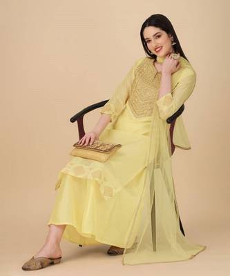 Pale Yellow Chanderi Cotton Threadwork Kurta and Palazzo set 1