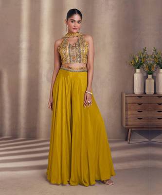 Mustard Chiffon Threadwork Palazzo Suit for Women (Size Up to 42") 3