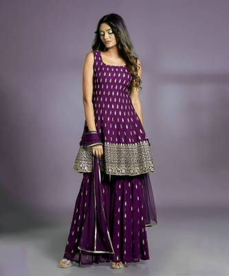 LIGHT WINE SHARARA SET AND MATCHING KURTA TOP WITH GOLD BUTIS, EMBROIDERED AND A MATCHING DUPATTA. STITCHED 1