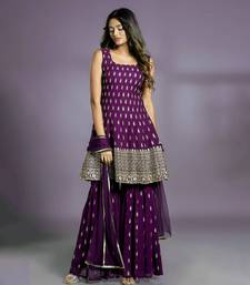 LIGHT WINE SHARARA SET AND MATCHING KURTA TOP WITH GOLD BUTIS, EMBROIDERED AND A MATCHING DUPATTA. STITCHED