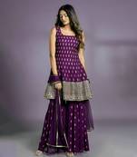 LIGHT WINE SHARARA SET AND MATCHING KURTA TOP WITH GOLD BUTIS, EMBROIDERED AND A MATCHING DUPATTA. STITCHED