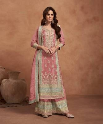 Dark peach embroidered silk salwar suit 1