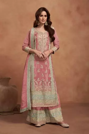 Dark peach embroidered silk semi stitched salwar suit