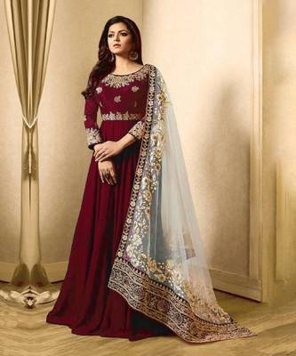 Maroon Faux Georgette Embroidered Anarkali Suit Semi-Stitched 1