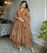 Brown plain chiffon kurta pant with dupatta