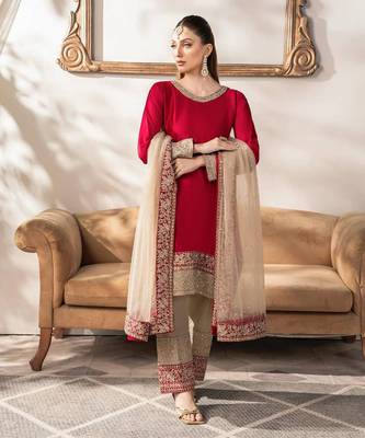 RED CREAM MALAI SATIN PARTY WEAR EMBROIDERY SUIT SET  1