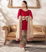 RED CREAM MALAI SATIN PARTY WEAR EMBROIDERY SUIT SET 