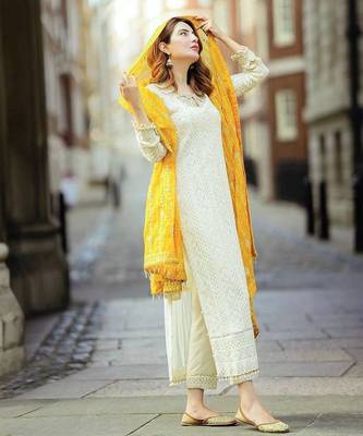 White embroidered faux georgette kurta pant with dupatta 1