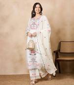 White Faux Georgette Designer Embroidery Party Wear Top Palazzo & Dupatta Set Stitched