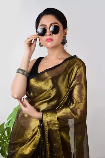 gold handloom tissue saree with unstitched blouse piece