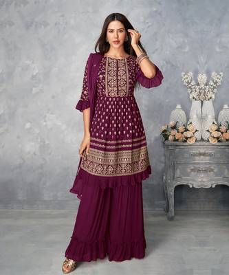 Women's Wine Color Faux Georgette Embroidered Readymade Kurta Sharara and Dupatta Set (Full Stitched ) 1