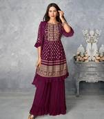 Women's Wine Color Faux Georgette Embroidered Readymade Kurta Sharara and Dupatta Set (Full Stitched )