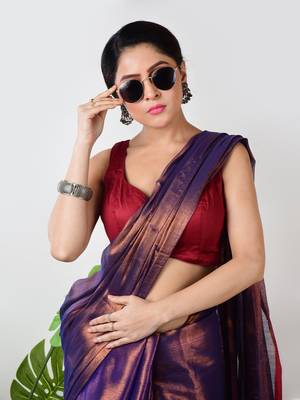 copper & blue handloom tissue saree with unstitched blouse piece 5