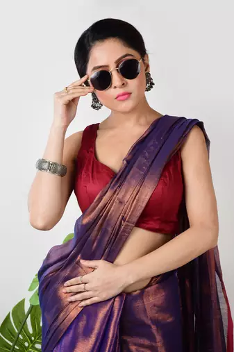 copper & blue handloom tissue saree with unstitched blouse piece