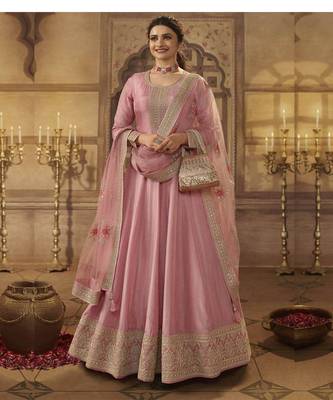 Baby Pink Dola Silk Embroidered Anarkali Suit | Semi-Stitched 1