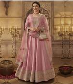 Baby Pink Dola Silk Embroidered Anarkali Suit | Semi-Stitched