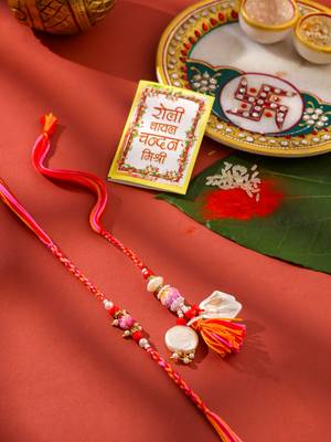 set of 2 multicolor artificial stones & beads bhaiya bhabhi rakhi with roli chawal chandan & mishri 1