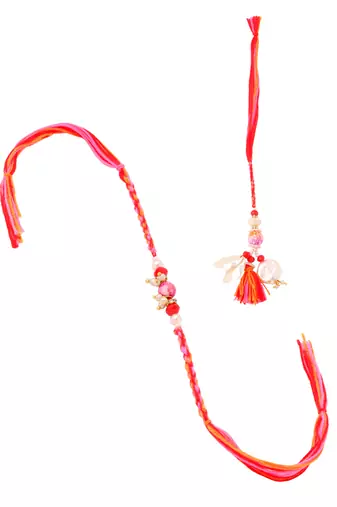 set of 2 multicolor artificial stones & beads bhaiya bhabhi rakhi with roli chawal chandan & mishri