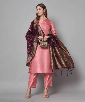 Baby-pink jacquard cotton silk Kurta Pant With Dupatta 1