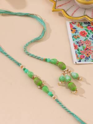 set of 2 green artificial beads bhaiya bhabhi rakhi with roli chawal chandan & mishri 2