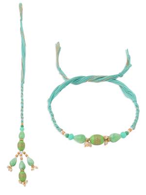 set of 2 green artificial beads bhaiya bhabhi rakhi with roli chawal chandan & mishri 4