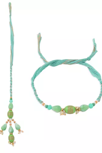 set of 2 green artificial beads bhaiya bhabhi rakhi with roli chawal chandan & mishri