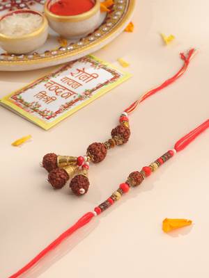 set of 2 multicolor rudraksh & beads bhaiya bhabhi rakhi with roli chawal chandan & mishri 1