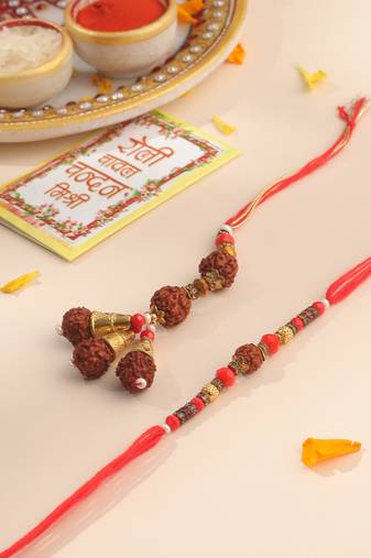 set of 2 multicolor rudraksh & beads bhaiya bhabhi rakhi with roli chawal chandan & mishri