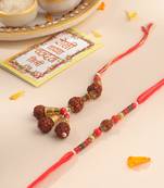 set of 2 multicolor rudraksh & beads bhaiya bhabhi rakhi with roli chawal chandan & mishri