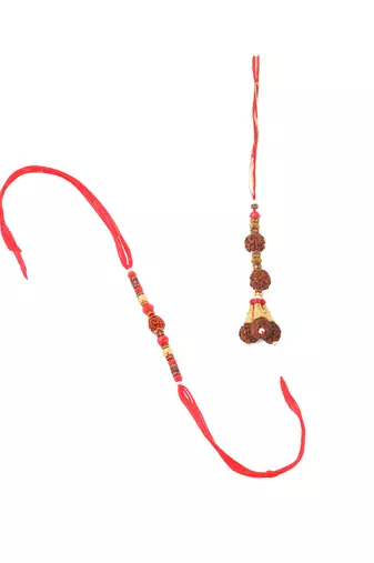 set of 2 multicolor rudraksh & beads bhaiya bhabhi rakhi with roli chawal chandan & mishri
