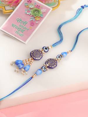 evil eye set of 2 blue artificial beads bhaiya bhabhi rakhi with roli chawal chandan & mishri 1