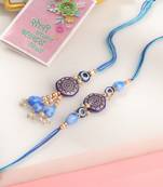 evil eye set of 2 blue artificial beads bhaiya bhabhi rakhi with roli chawal chandan & mishri