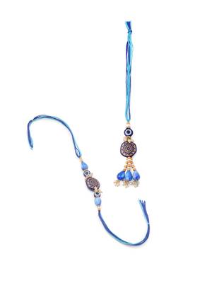 evil eye set of 2 blue artificial beads bhaiya bhabhi rakhi with roli chawal chandan & mishri 2