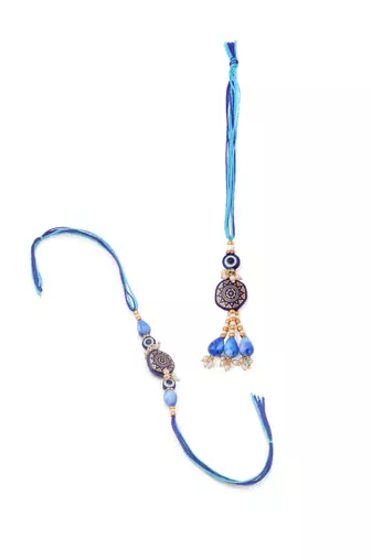evil eye set of 2 blue artificial beads bhaiya bhabhi rakhi with roli chawal chandan & mishri