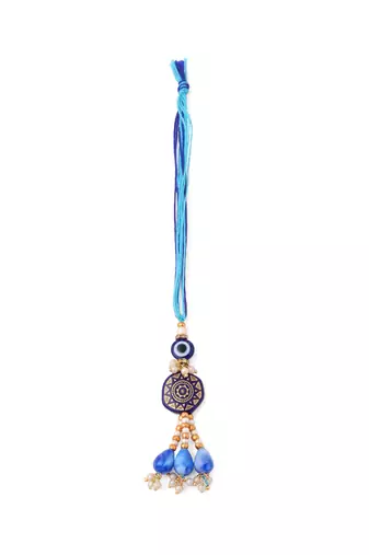 evil eye set of 2 blue artificial beads bhaiya bhabhi rakhi with roli chawal chandan & mishri