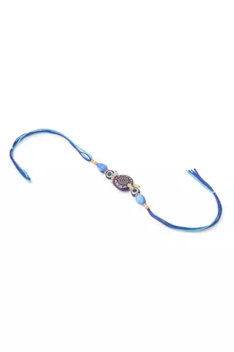 evil eye set of 2 blue artificial beads bhaiya bhabhi rakhi with roli chawal chandan & mishri