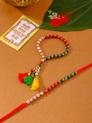 multicolor artificial beads set of 2 bhaiya bhabhi rakhi with roli chawal chandan & mishri 1