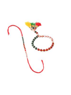 multicolor artificial beads set of 2 bhaiya bhabhi rakhi with roli chawal chandan & mishri 2
