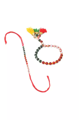 multicolor artificial beads set of 2 bhaiya bhabhi rakhi with roli chawal chandan & mishri
