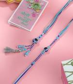 set of 2 blue evil eye artificial beads bhaiya bhabhi rakhi with roli chawal chandan & mishri