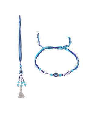 set of 2 blue evil eye artificial beads bhaiya bhabhi rakhi with roli chawal chandan & mishri 2