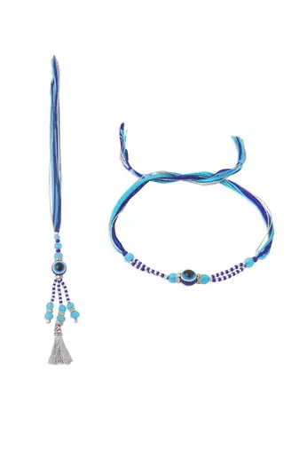 set of 2 blue evil eye artificial beads bhaiya bhabhi rakhi with roli chawal chandan & mishri