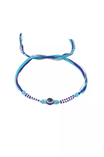 set of 2 blue evil eye artificial beads bhaiya bhabhi rakhi with roli chawal chandan & mishri