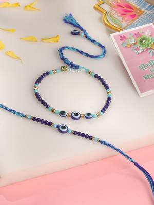 set of 2 blue evil eye artificial beads bhaiya bhabhi rakhi with roli chawal chandan & mishri 1