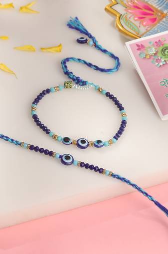 set of 2 blue evil eye artificial beads bhaiya bhabhi rakhi with roli chawal chandan & mishri